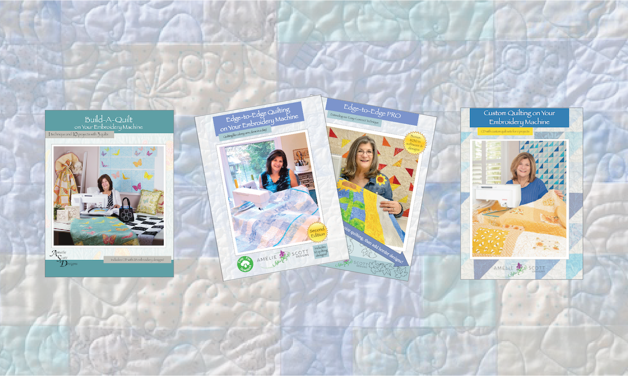 Quilting magazine covers displayed on quilt background.